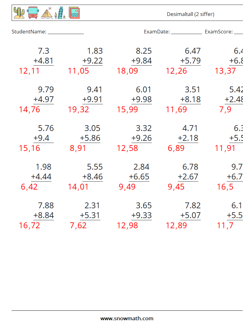 (25) Desimaltall (2 siffer) MathWorksheets 10 QuestionAnswer