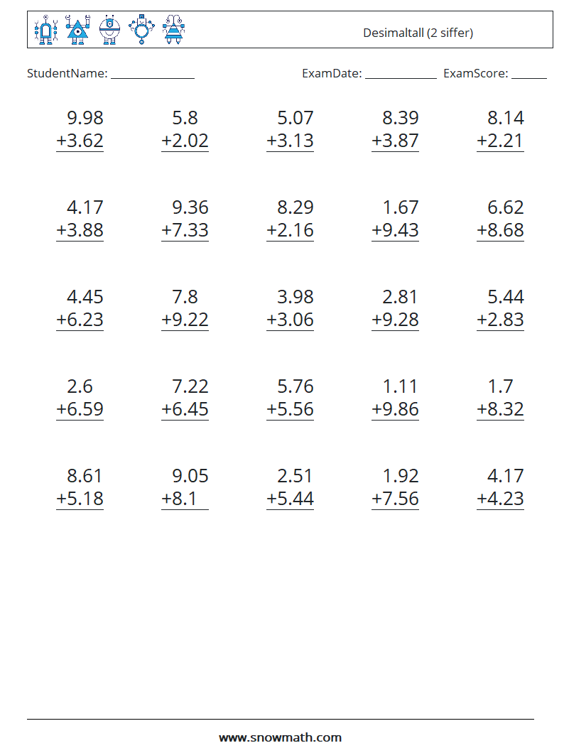 (25) Desimaltall (2 siffer) MathWorksheets 11