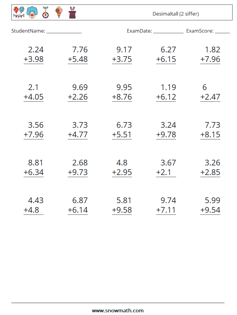 (25) Desimaltall (2 siffer) MathWorksheets 12