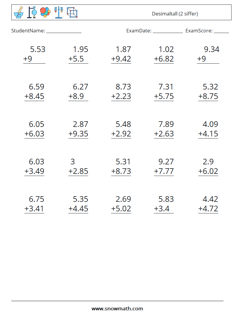 (25) Desimaltall (2 siffer) MathWorksheets 14