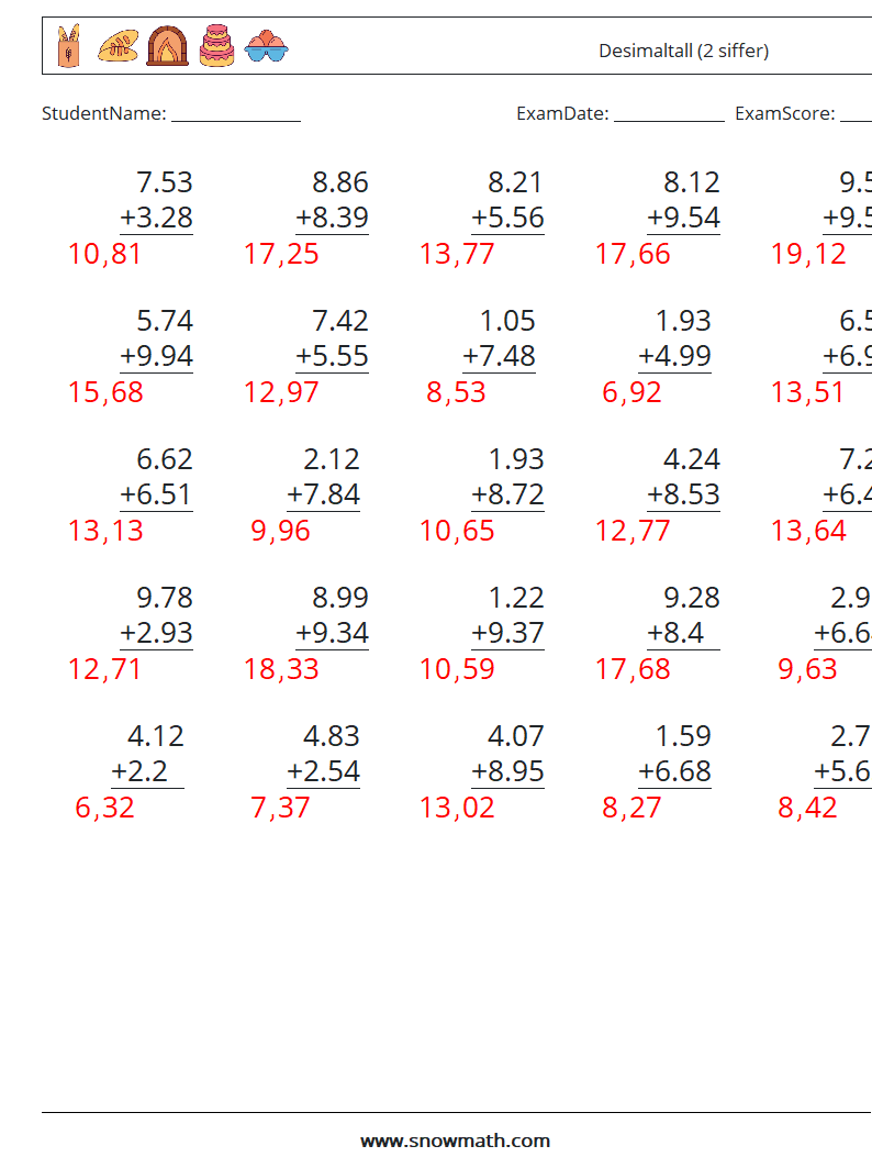 (25) Desimaltall (2 siffer) MathWorksheets 1 QuestionAnswer
