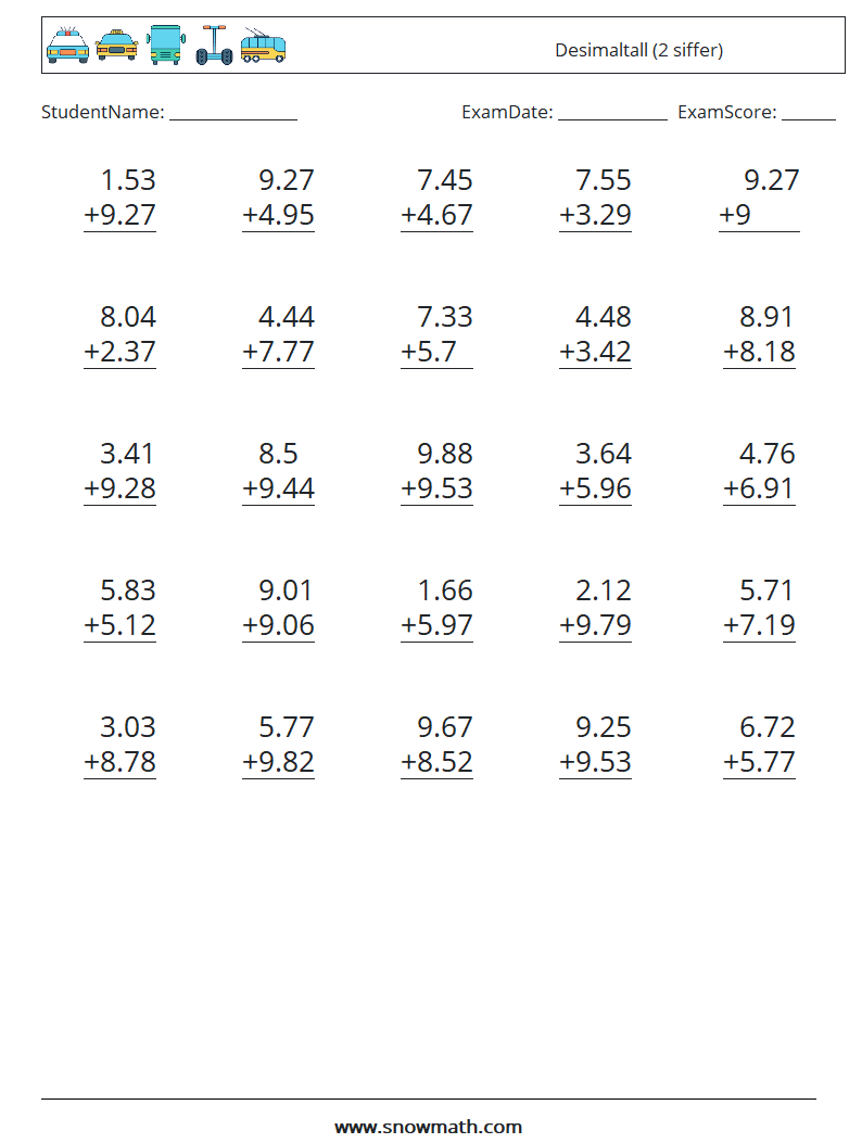 (25) Desimaltall (2 siffer) MathWorksheets 4