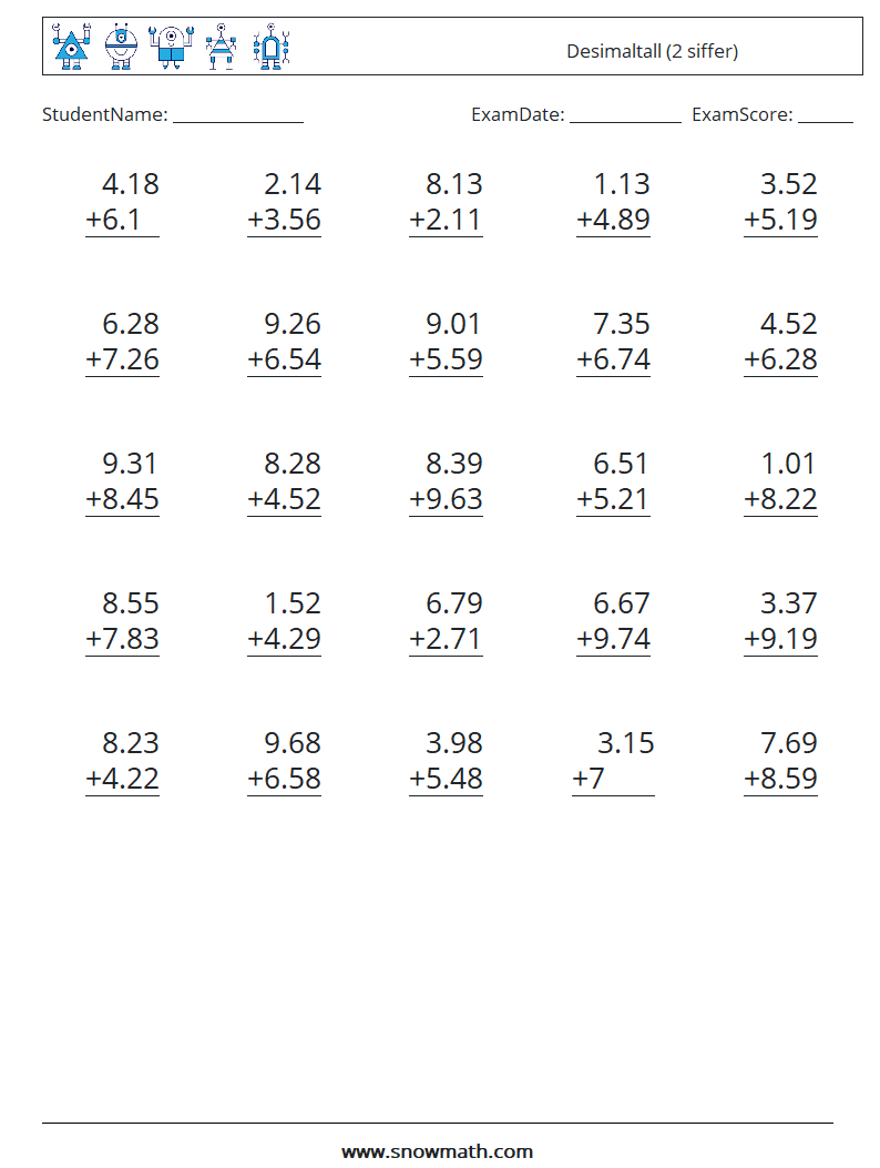 (25) Desimaltall (2 siffer) MathWorksheets 7
