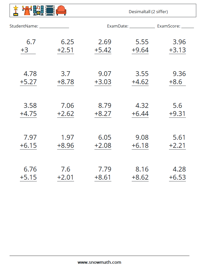 (25) Desimaltall (2 siffer) MathWorksheets 8