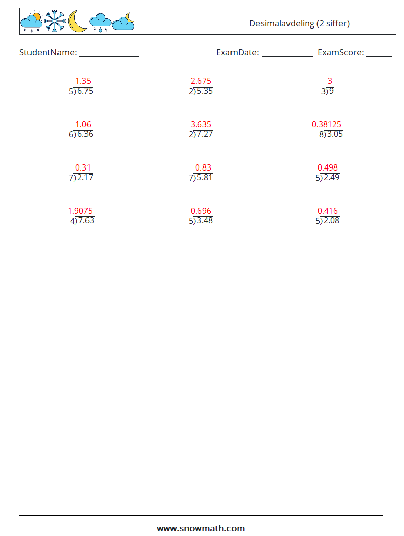 (12) Desimalavdeling (2 siffer) MathWorksheets 10 QuestionAnswer