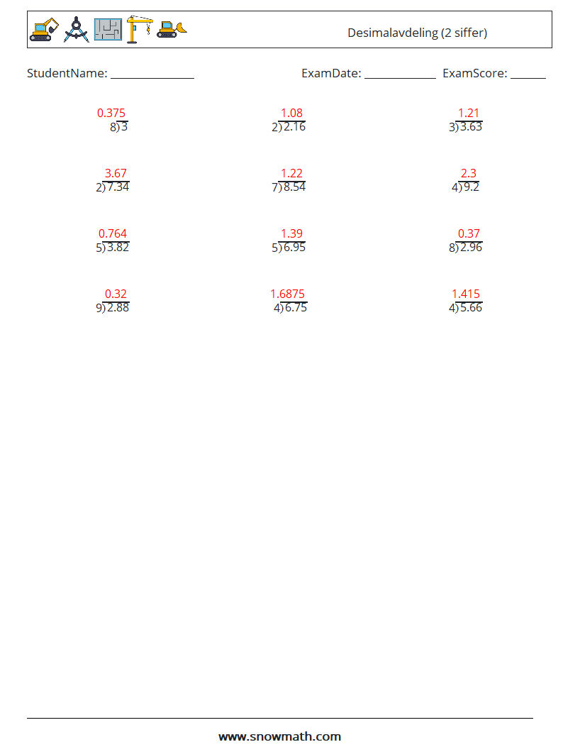 (12) Desimalavdeling (2 siffer) MathWorksheets 12 QuestionAnswer