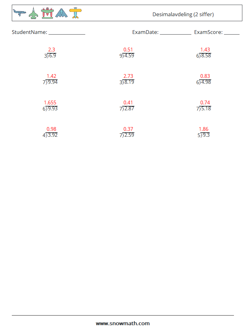 (12) Desimalavdeling (2 siffer) MathWorksheets 16 QuestionAnswer