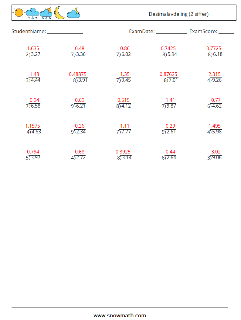 (25) Desimalavdeling (2 siffer) MathWorksheets 13 QuestionAnswer