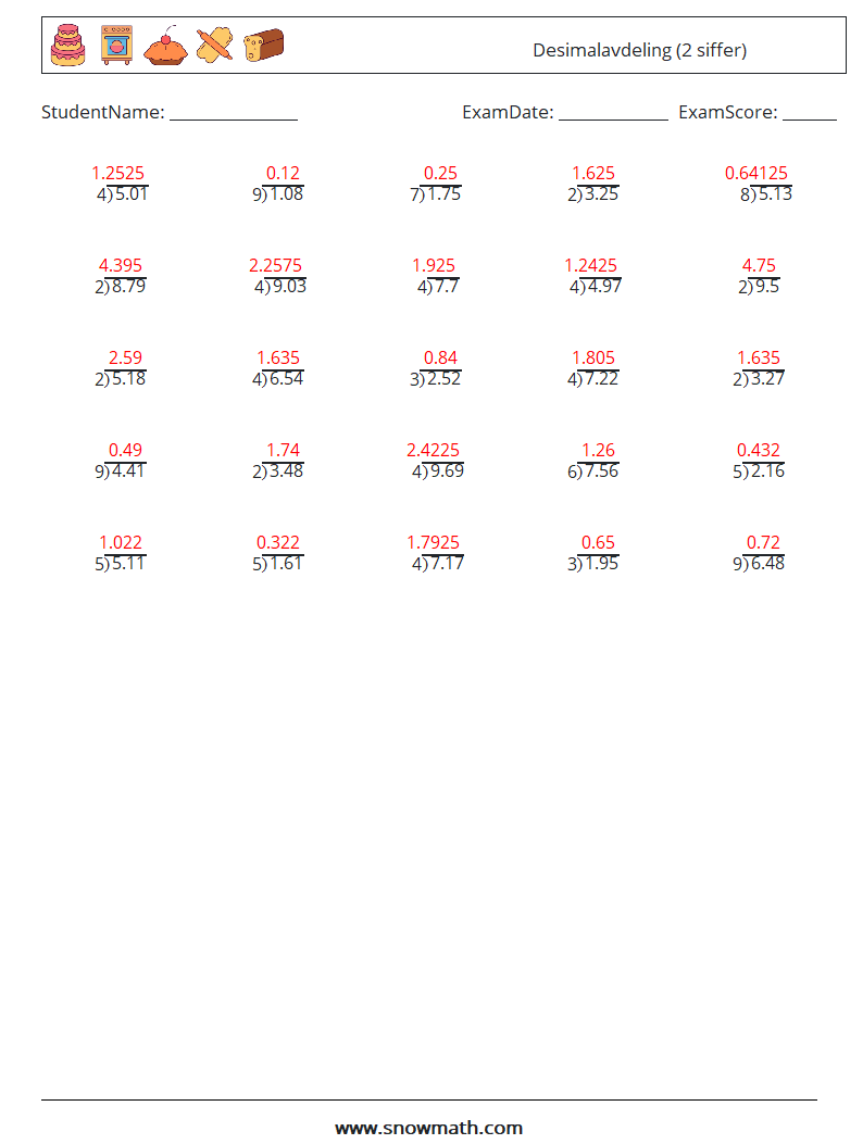 (25) Desimalavdeling (2 siffer) MathWorksheets 15 QuestionAnswer