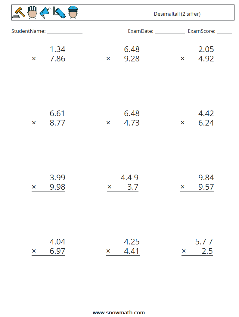 (12) Desimaltall (2 siffer) MathWorksheets 10