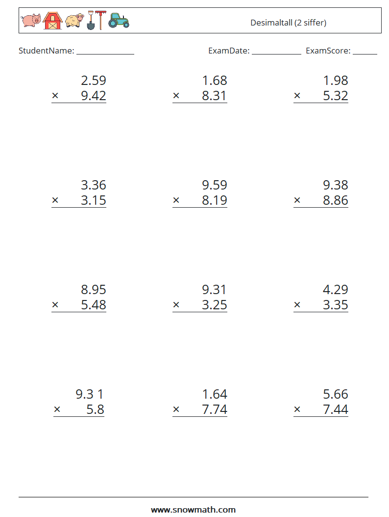 (12) Desimaltall (2 siffer) MathWorksheets 11