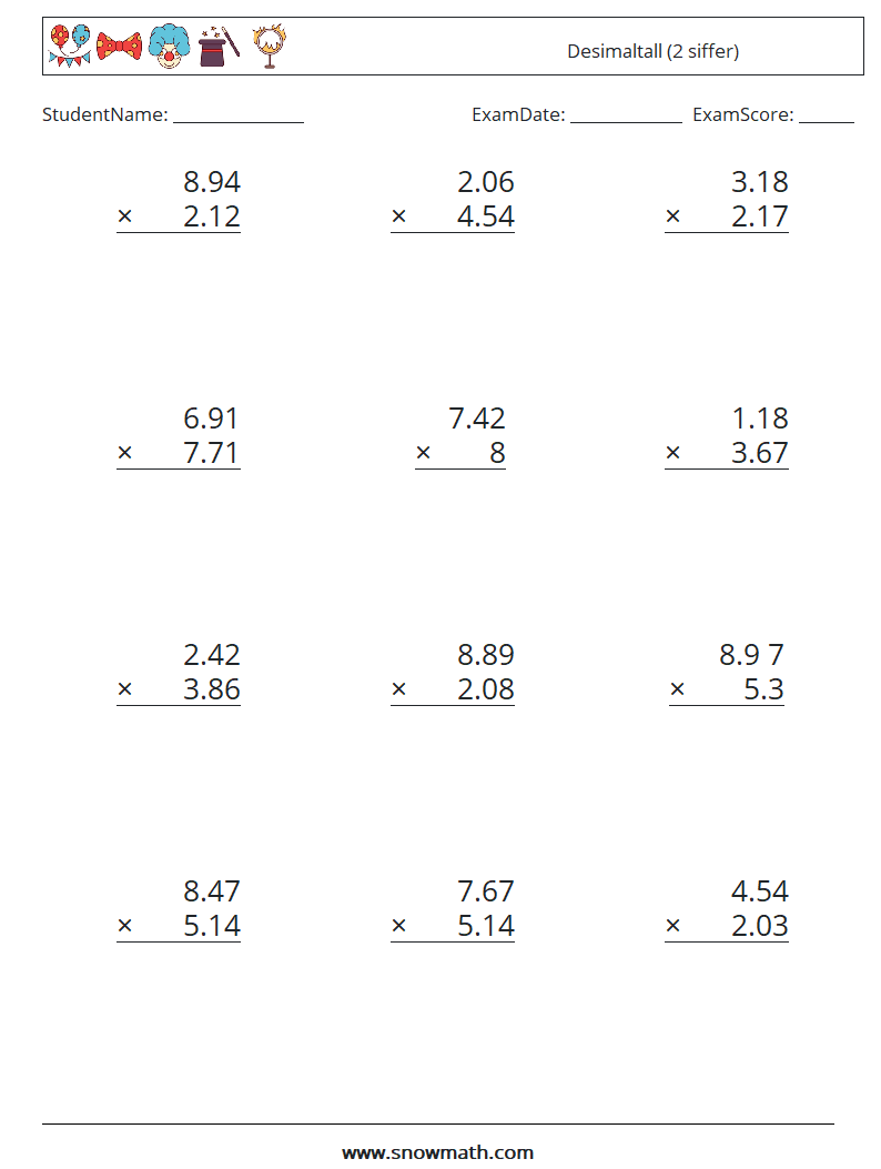 (12) Desimaltall (2 siffer) MathWorksheets 12