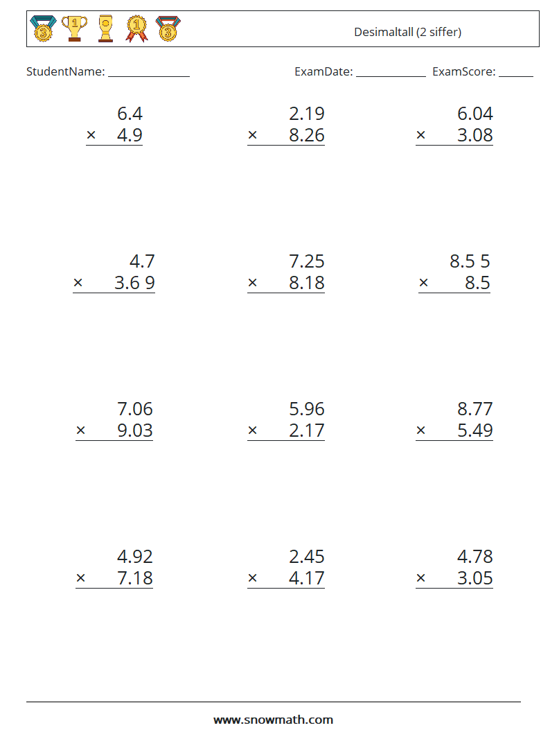 (12) Desimaltall (2 siffer) MathWorksheets 13