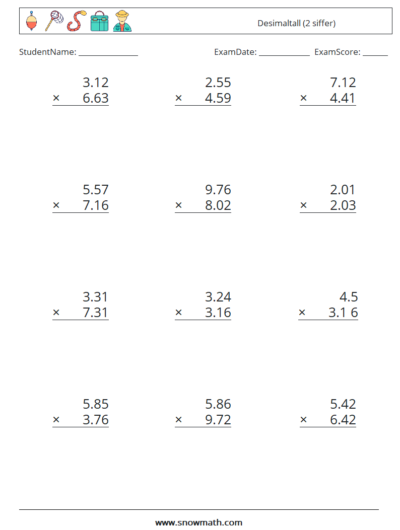 (12) Desimaltall (2 siffer) MathWorksheets 14