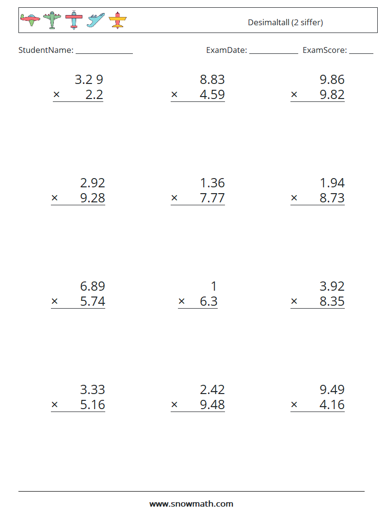 (12) Desimaltall (2 siffer) MathWorksheets 15