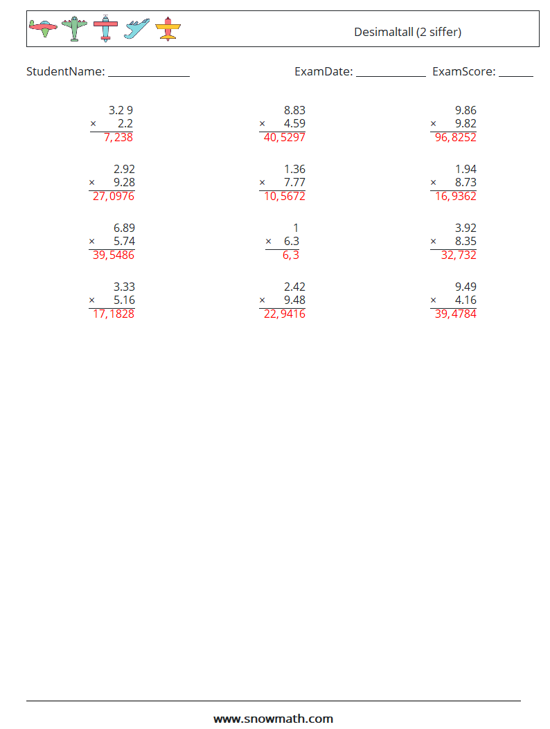 (12) Desimaltall (2 siffer) MathWorksheets 15 QuestionAnswer