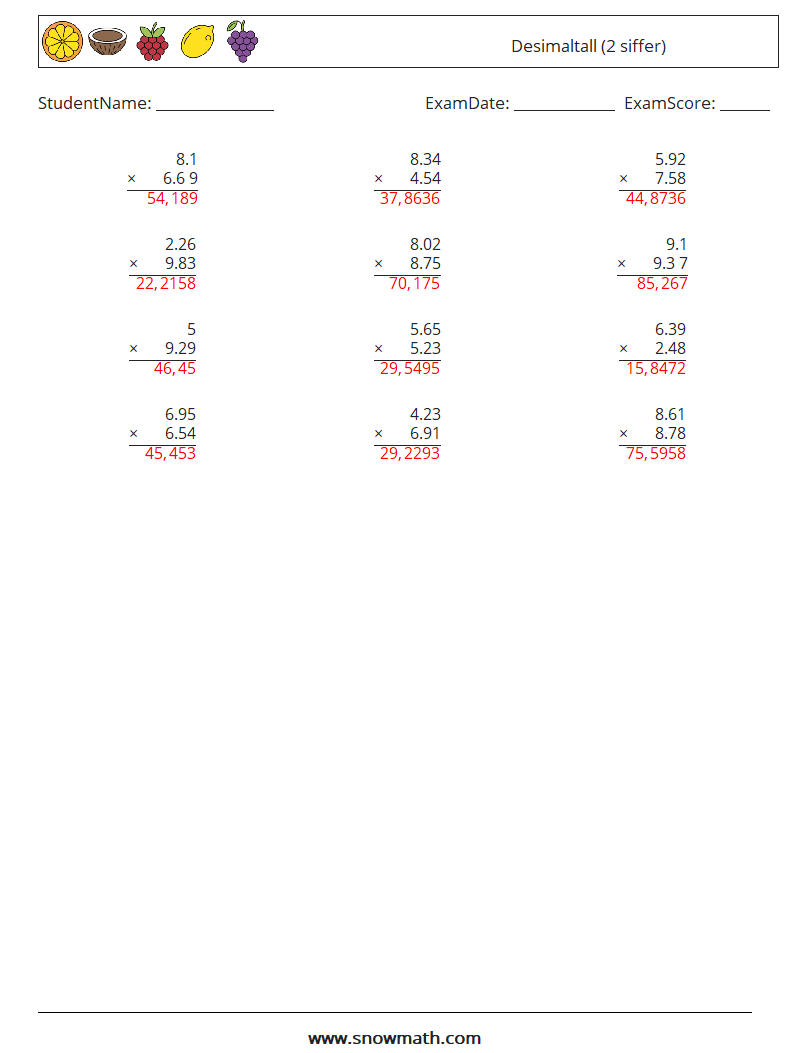 (12) Desimaltall (2 siffer) MathWorksheets 17 QuestionAnswer