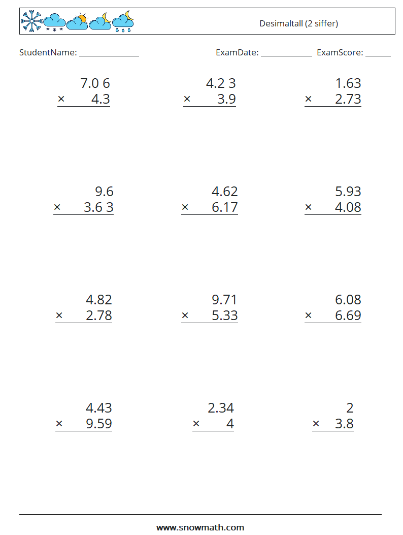 (12) Desimaltall (2 siffer) MathWorksheets 2