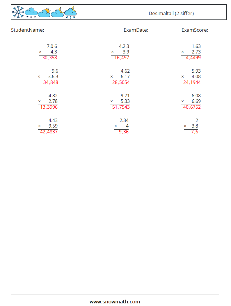 (12) Desimaltall (2 siffer) MathWorksheets 2 QuestionAnswer