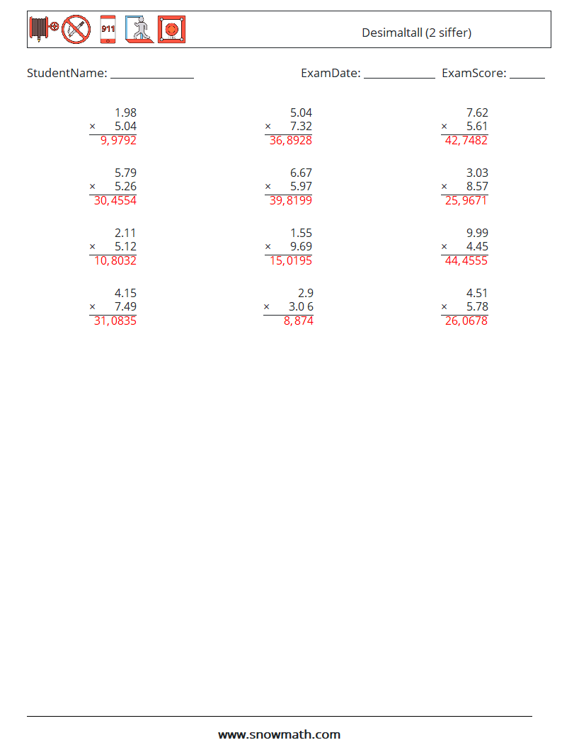 (12) Desimaltall (2 siffer) MathWorksheets 3 QuestionAnswer