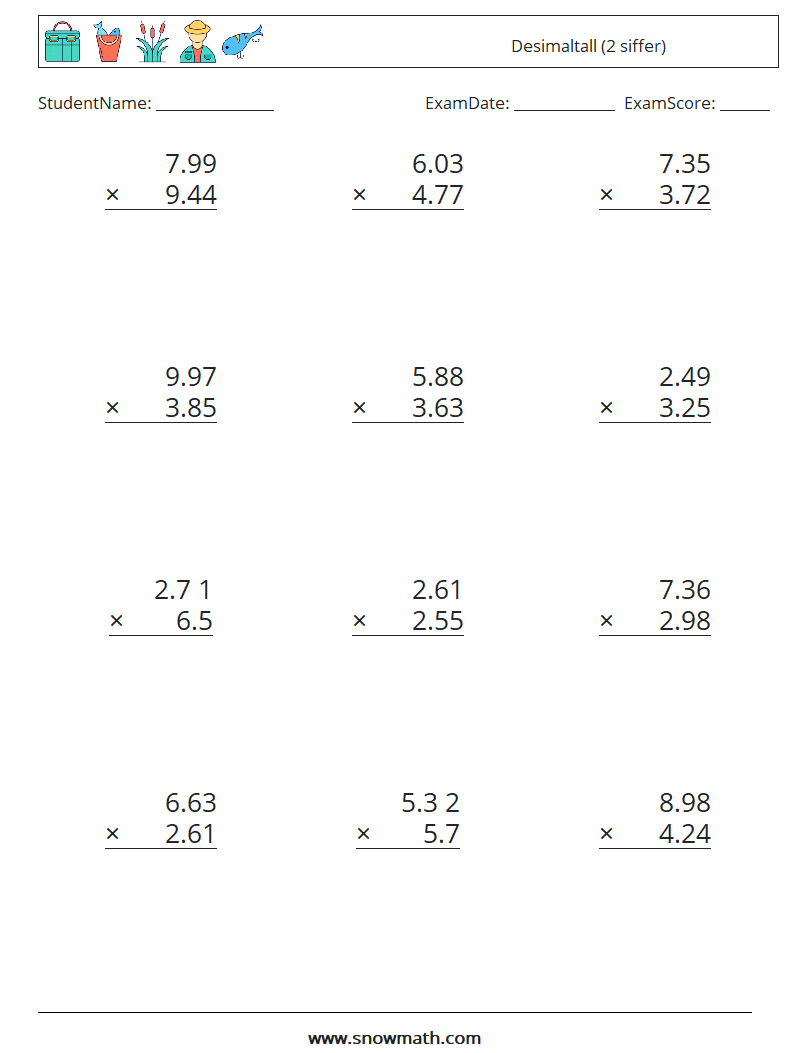 (12) Desimaltall (2 siffer) MathWorksheets 4