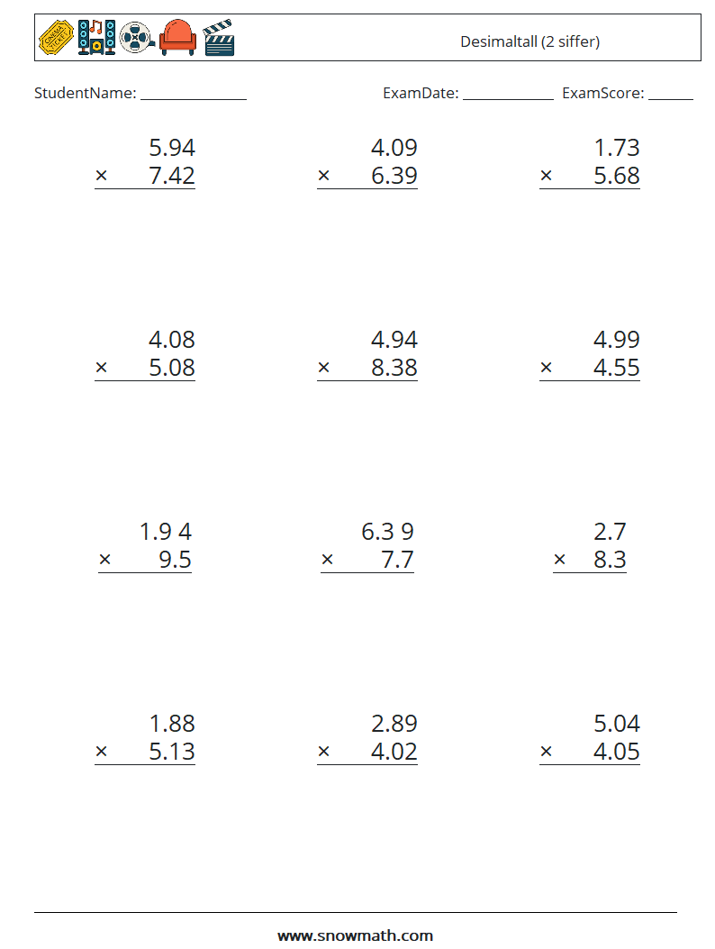 (12) Desimaltall (2 siffer) MathWorksheets 5