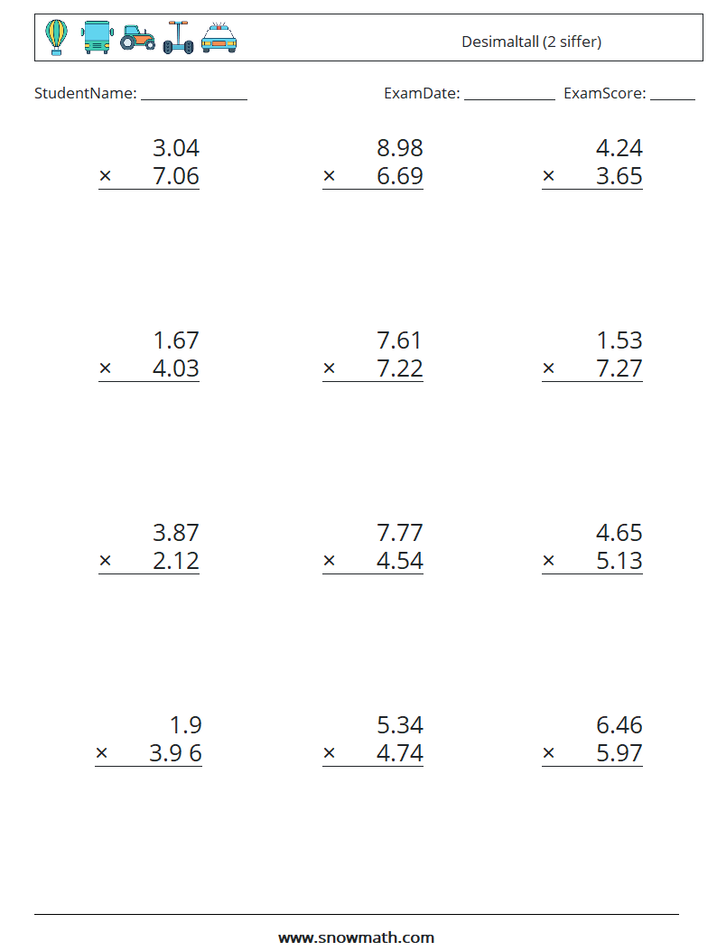 (12) Desimaltall (2 siffer) MathWorksheets 6