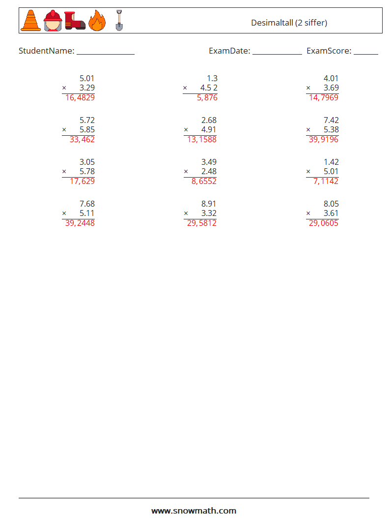 (12) Desimaltall (2 siffer) MathWorksheets 7 QuestionAnswer