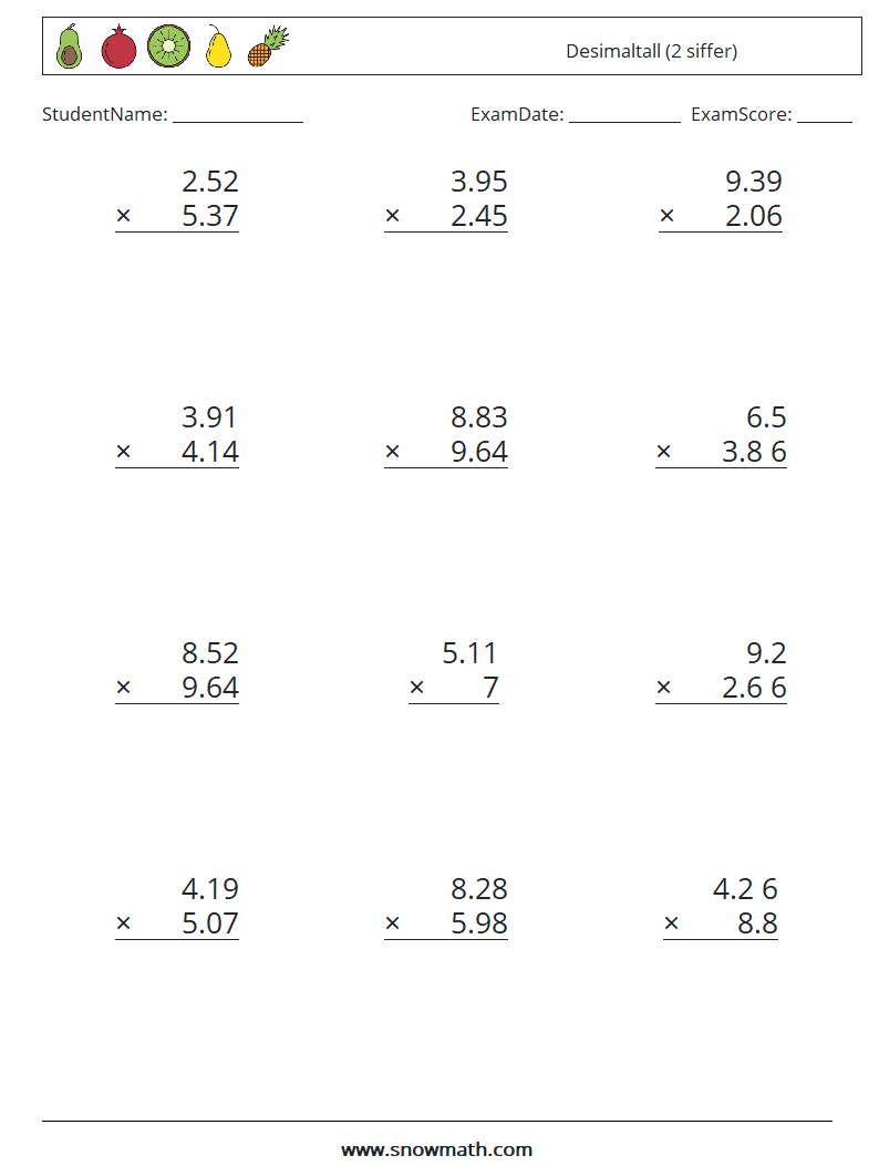 (12) Desimaltall (2 siffer) MathWorksheets 9