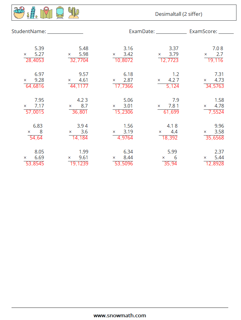 (25) Desimaltall (2 siffer) MathWorksheets 10 QuestionAnswer