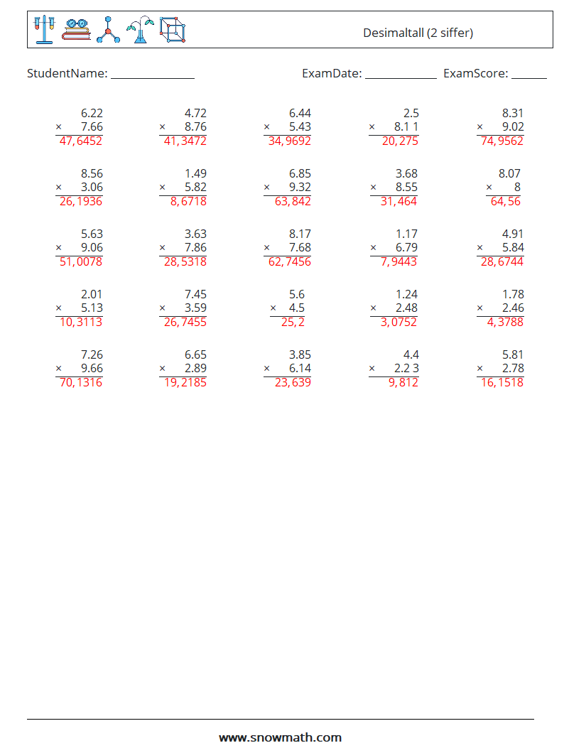 (25) Desimaltall (2 siffer) MathWorksheets 11 QuestionAnswer