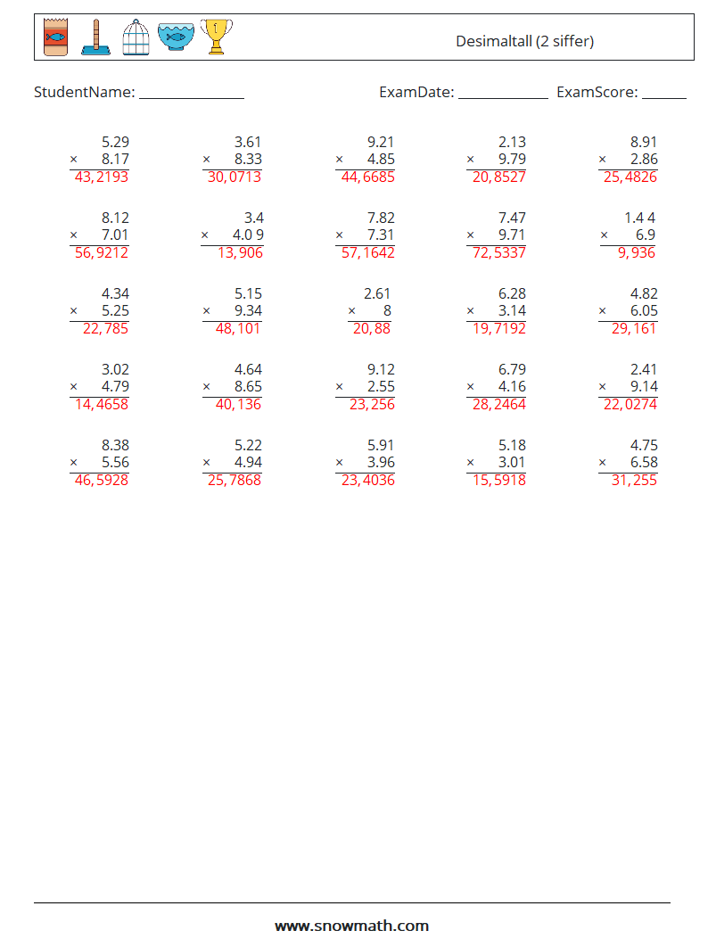 (25) Desimaltall (2 siffer) MathWorksheets 12 QuestionAnswer