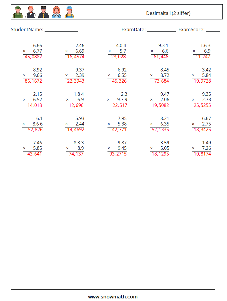 (25) Desimaltall (2 siffer) MathWorksheets 13 QuestionAnswer