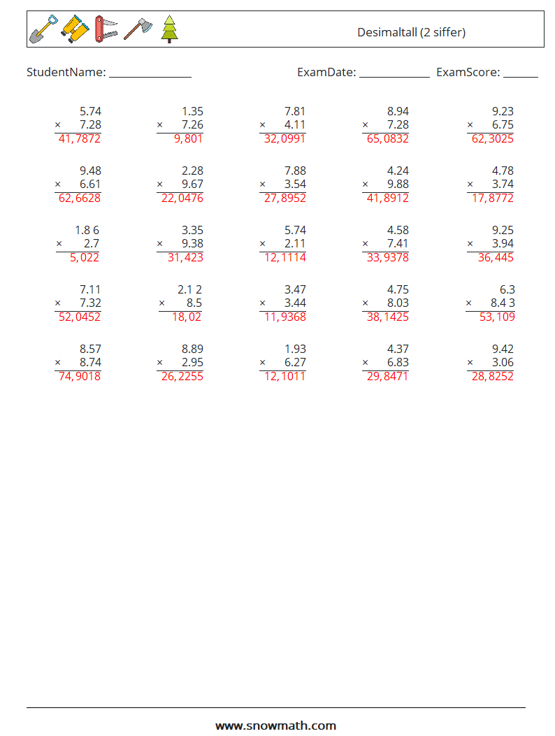 (25) Desimaltall (2 siffer) MathWorksheets 14 QuestionAnswer