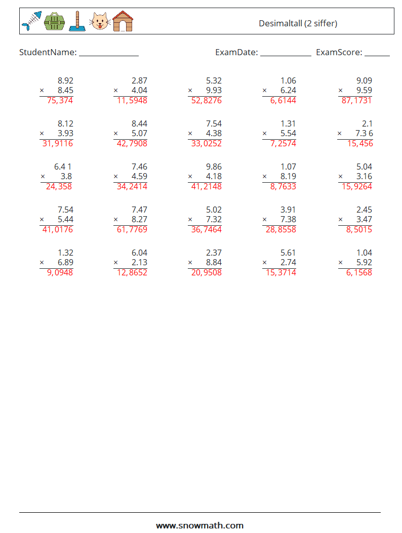 (25) Desimaltall (2 siffer) MathWorksheets 15 QuestionAnswer