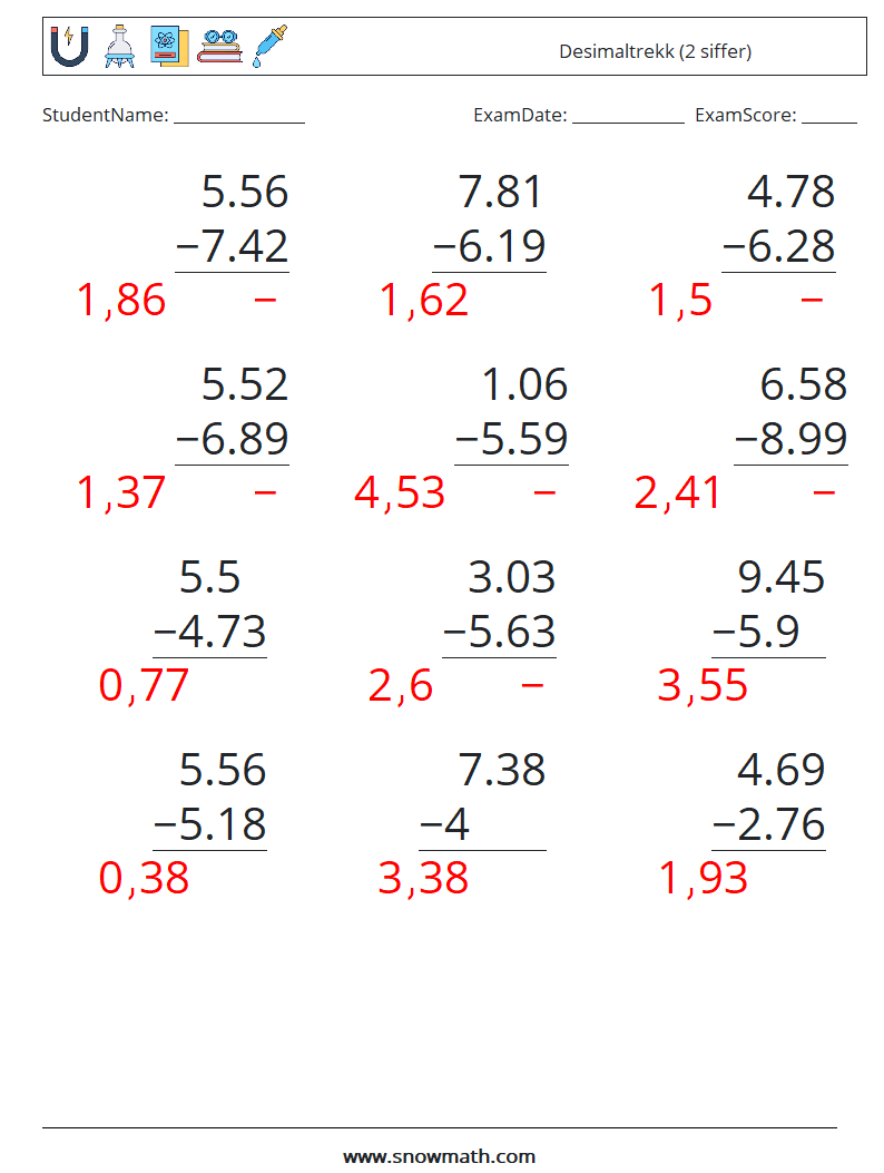 (12) Desimaltrekk (2 siffer) MathWorksheets 10 QuestionAnswer