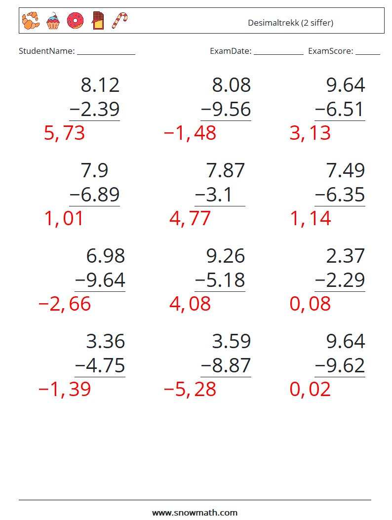 (12) Desimaltrekk (2 siffer) MathWorksheets 13 QuestionAnswer