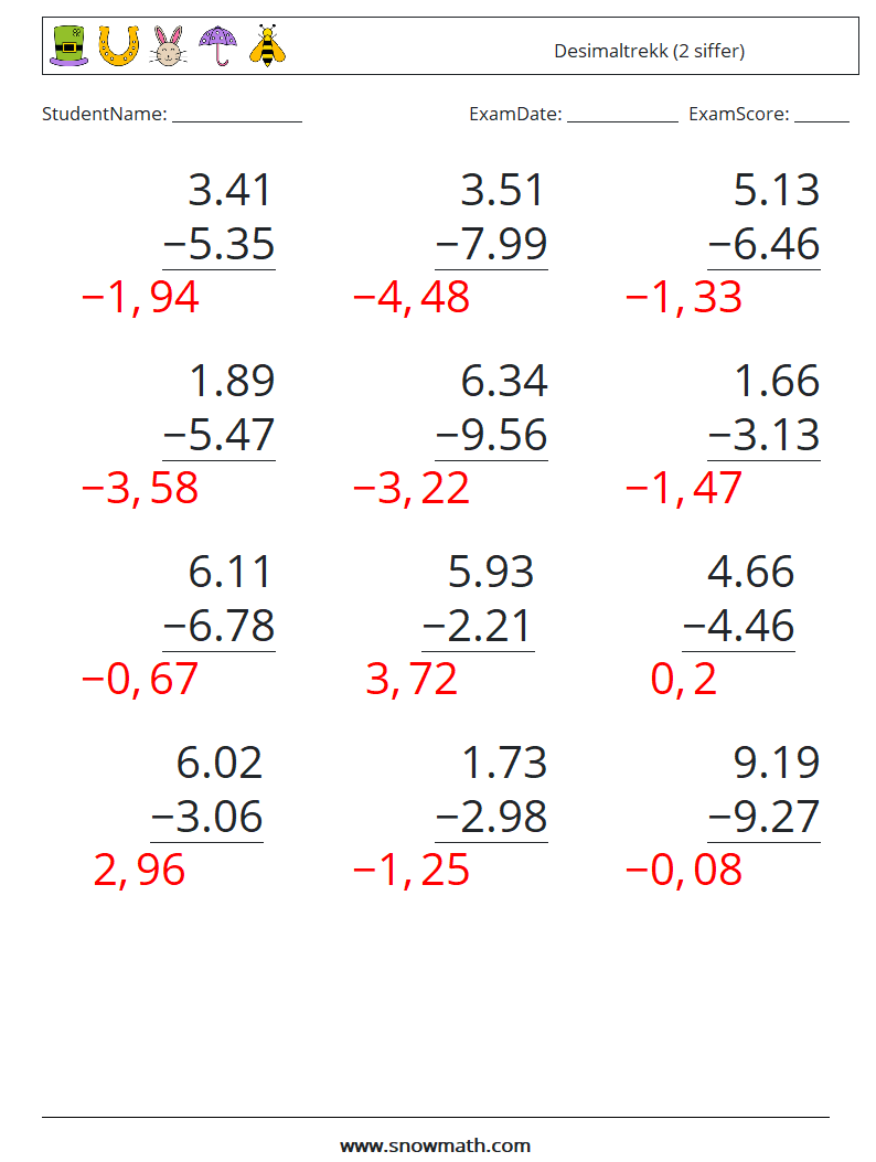 (12) Desimaltrekk (2 siffer) MathWorksheets 14 QuestionAnswer