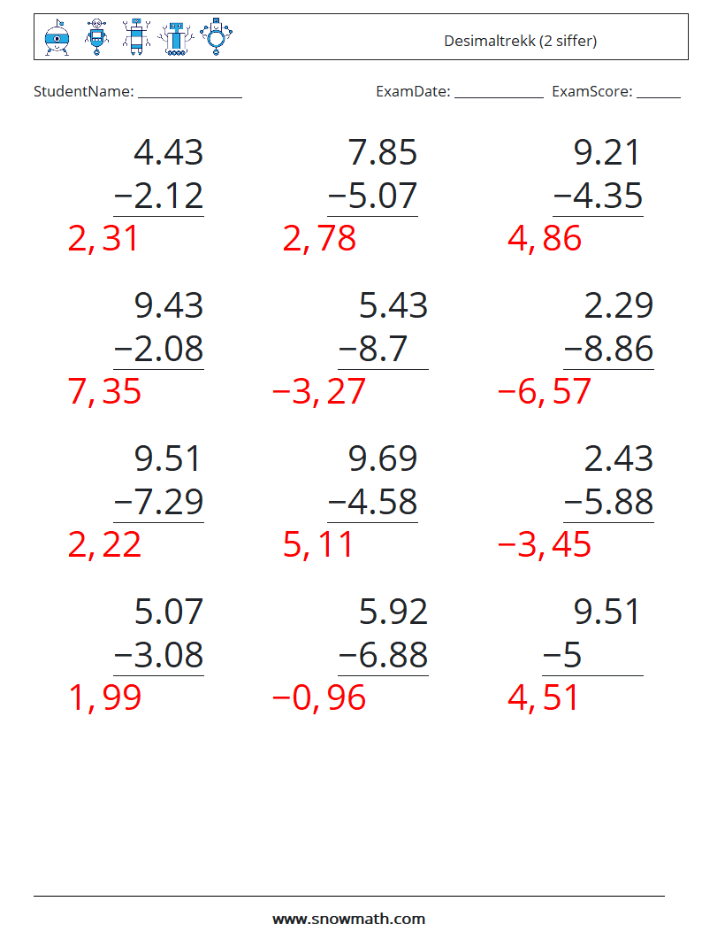 (12) Desimaltrekk (2 siffer) MathWorksheets 18 QuestionAnswer