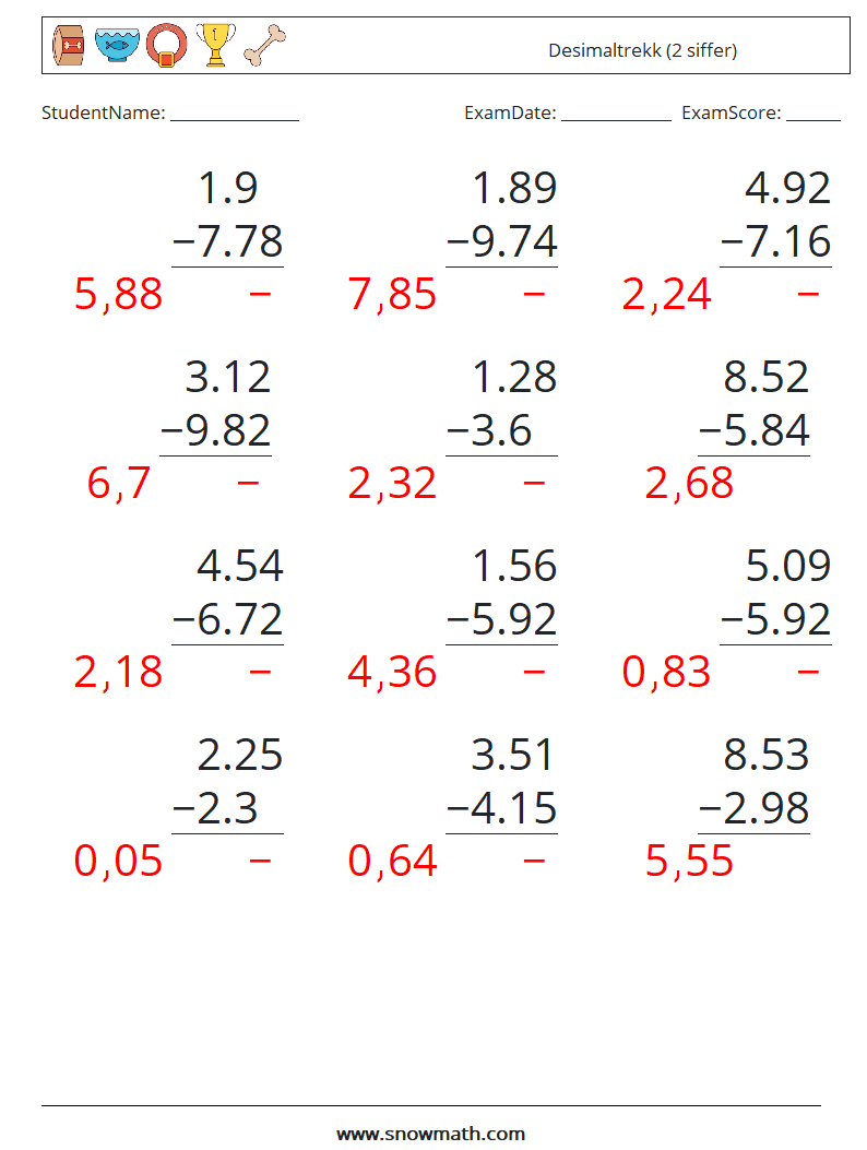 (12) Desimaltrekk (2 siffer) MathWorksheets 2 QuestionAnswer