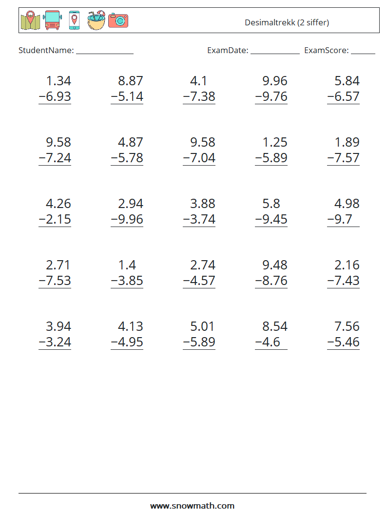 (25) Desimaltrekk (2 siffer) MathWorksheets 11
