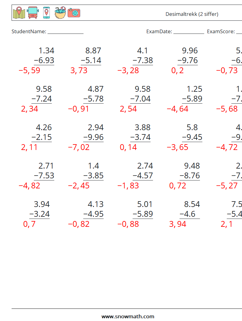 (25) Desimaltrekk (2 siffer) MathWorksheets 11 QuestionAnswer