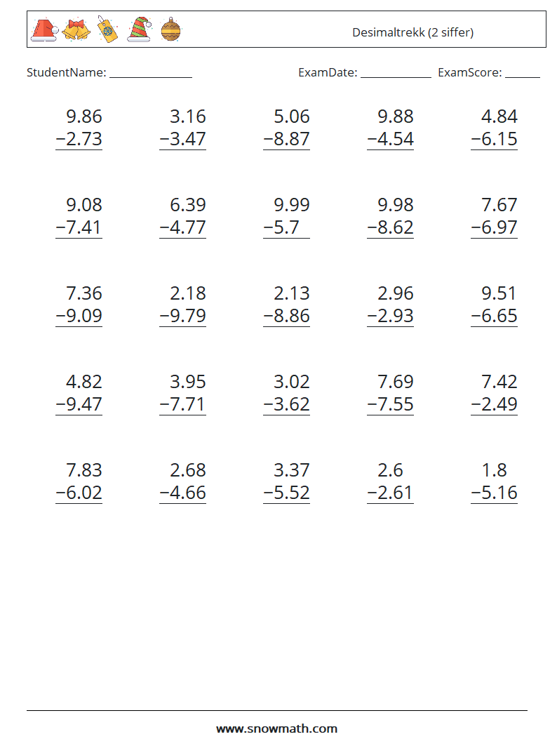 (25) Desimaltrekk (2 siffer) MathWorksheets 12
