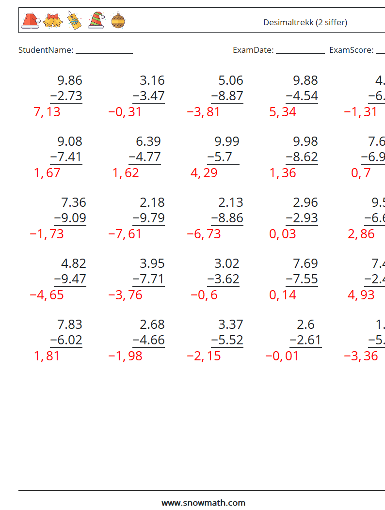 (25) Desimaltrekk (2 siffer) MathWorksheets 12 QuestionAnswer