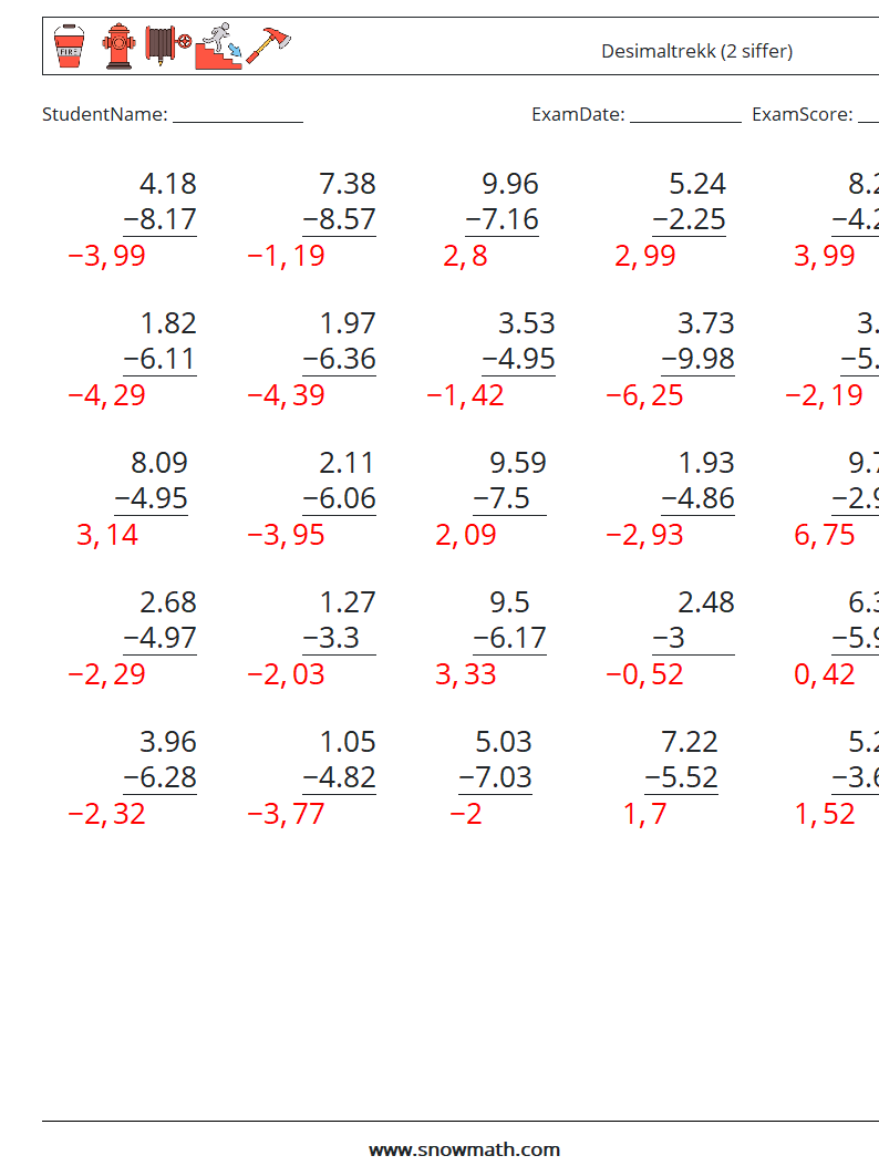 (25) Desimaltrekk (2 siffer) MathWorksheets 13 QuestionAnswer