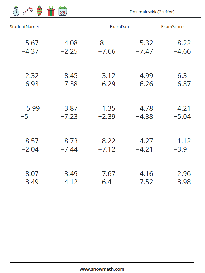 (25) Desimaltrekk (2 siffer) MathWorksheets 14
