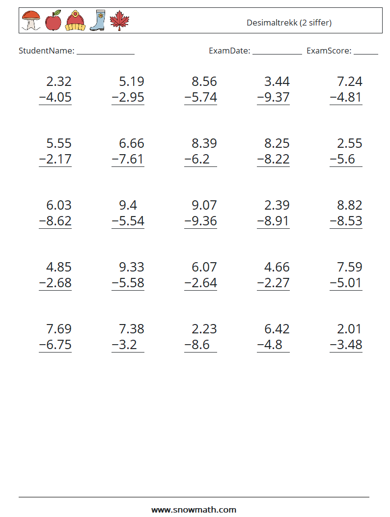 (25) Desimaltrekk (2 siffer) MathWorksheets 16