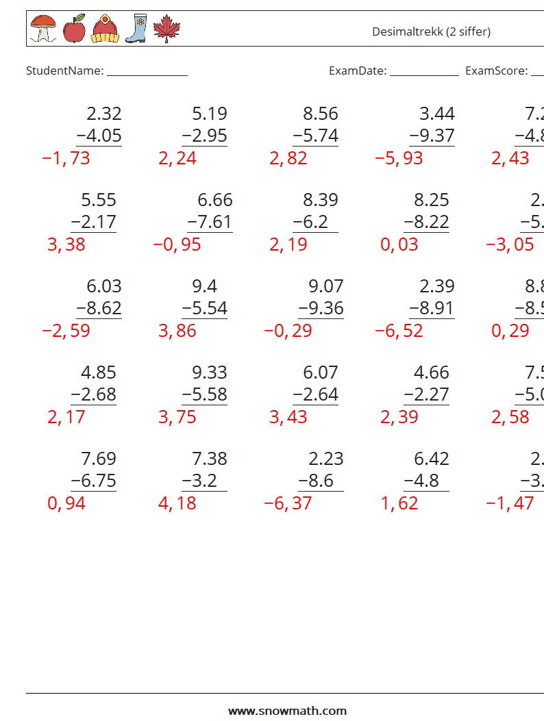 (25) Desimaltrekk (2 siffer) MathWorksheets 16 QuestionAnswer