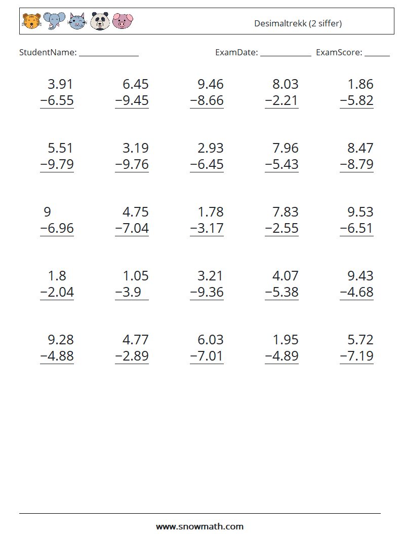 (25) Desimaltrekk (2 siffer) MathWorksheets 17