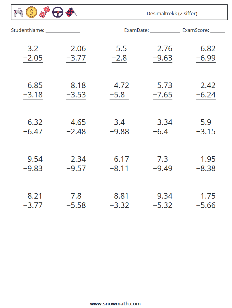 (25) Desimaltrekk (2 siffer) MathWorksheets 18